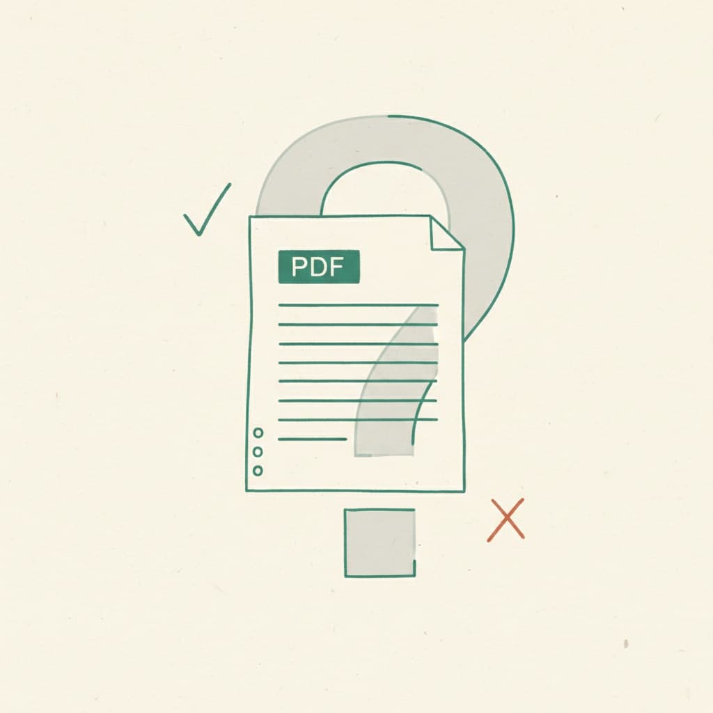 Editorial-Illustration: ein PDF-Dokument in der Mitte, flankiert von einem angedeuteten Haken und einem X — die Antwort liegt dazwischen.