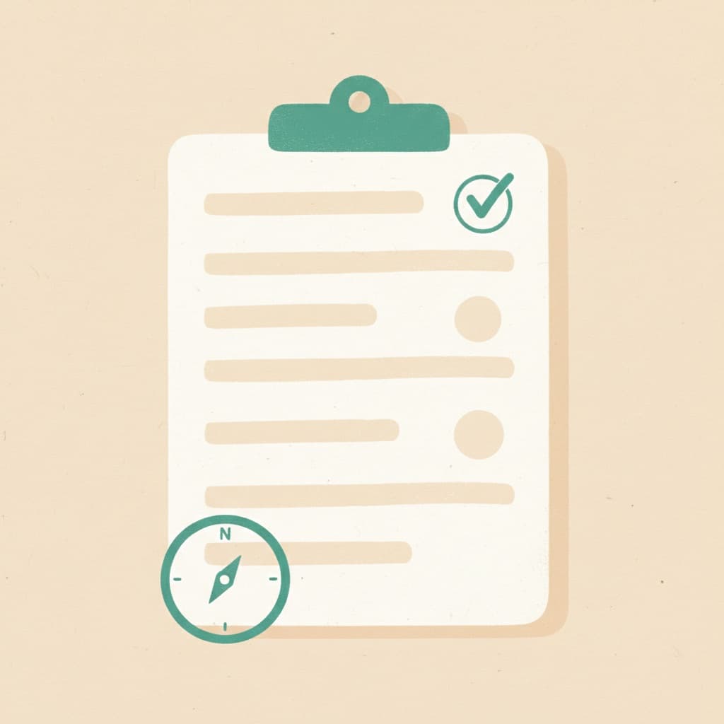 Editorial-Illustration eines Klemmbretts mit Checkliste und kleinem Kompass — Sinnbild für die Einordnung der E-Rechnungs-Pflicht.