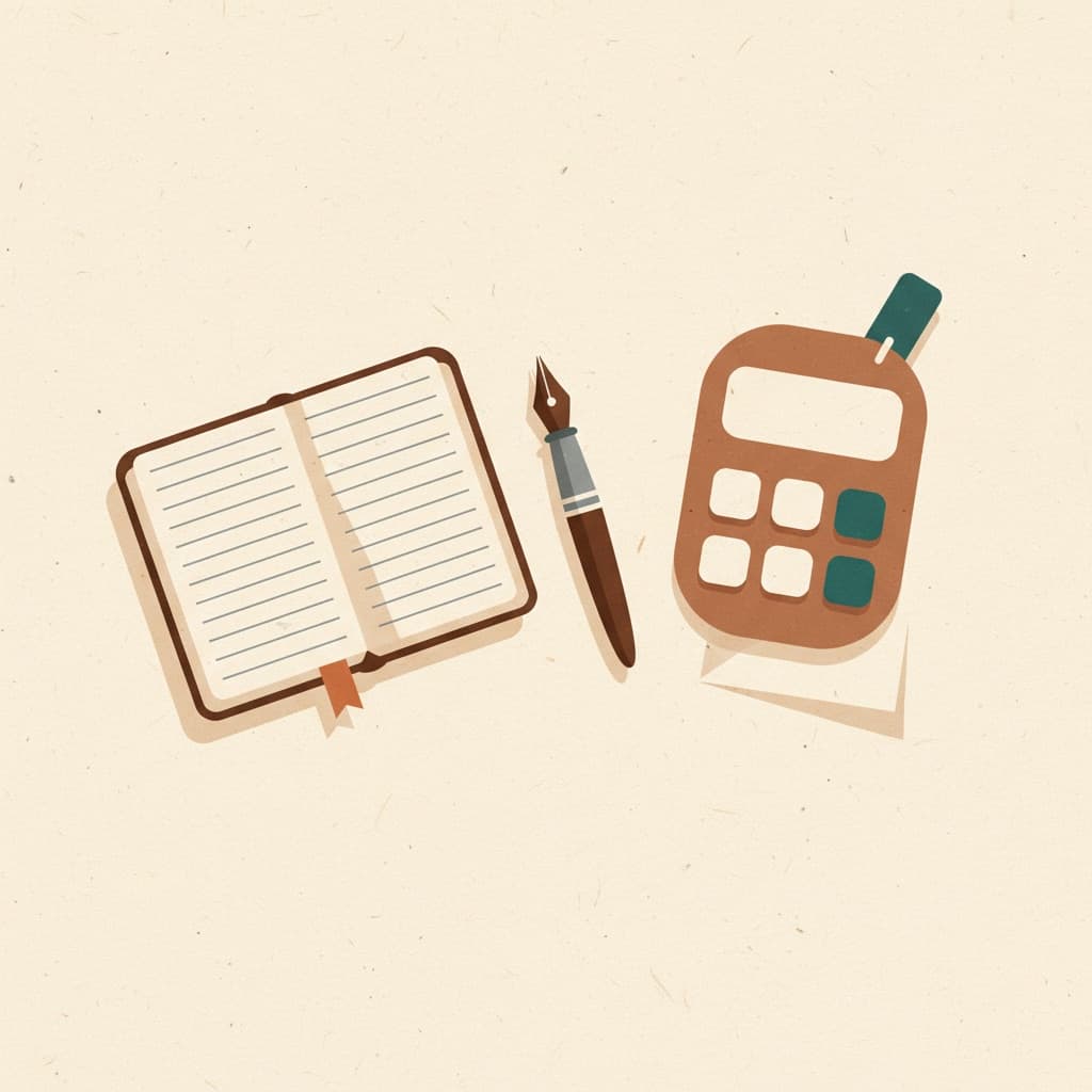 Editorial-Illustration eines aufgeräumten Schreibtischs mit Kassenbuch, Füller und Taschenrechner — Werkzeuge für die Buchhaltung kleiner Unternehmen.