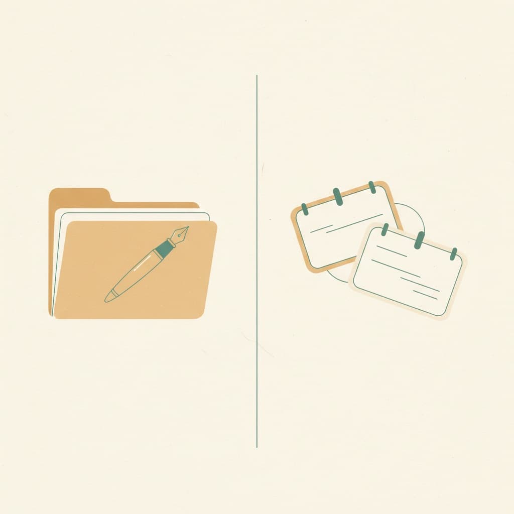 Editorial-Illustration zweier Arbeitsstile nebeneinander: links ein klassischer Ordner mit Stift, rechts moderne Karteikarten — zwei Ansätze für dieselbe Aufgabe.