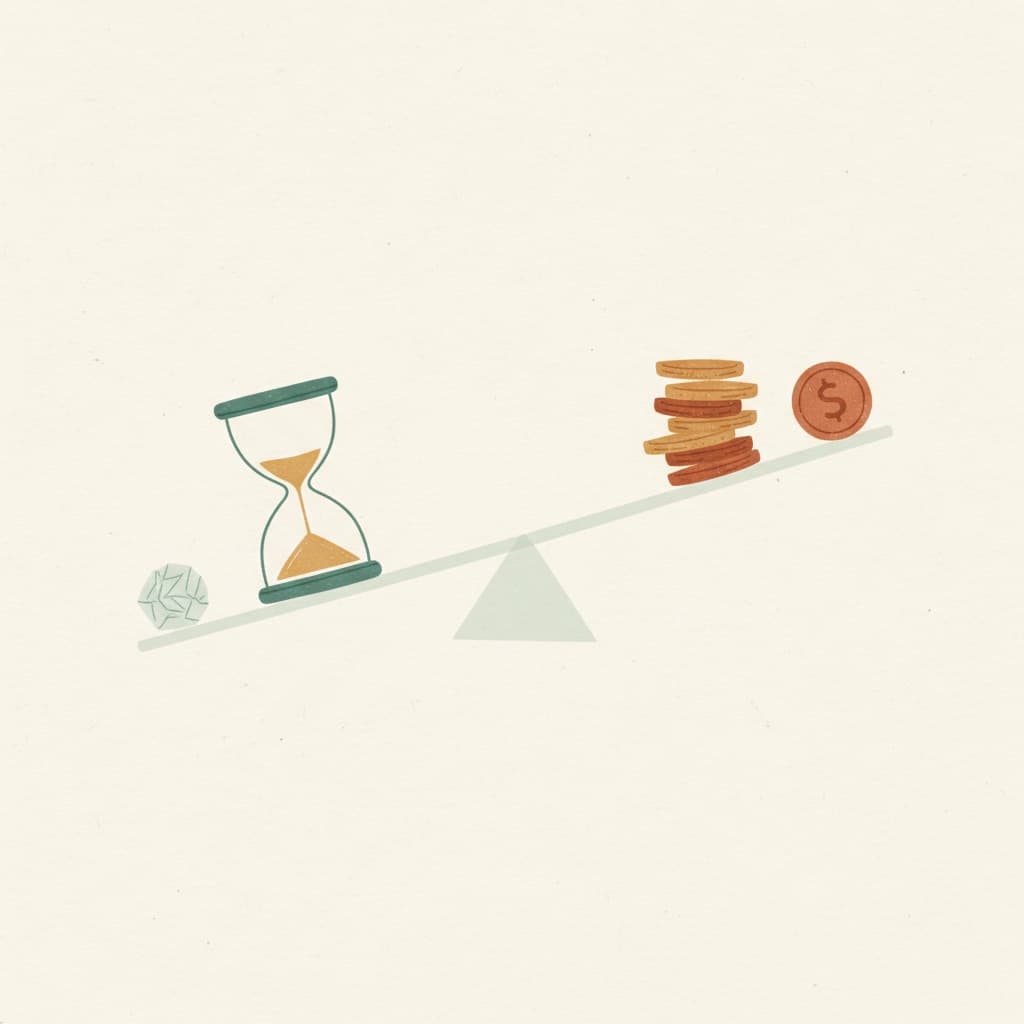 Editorial-Illustration einer Balance: auf der einen Seite ein Stundenglas, auf der anderen Münzen — Sinnbild für Zeit gegen Geld.