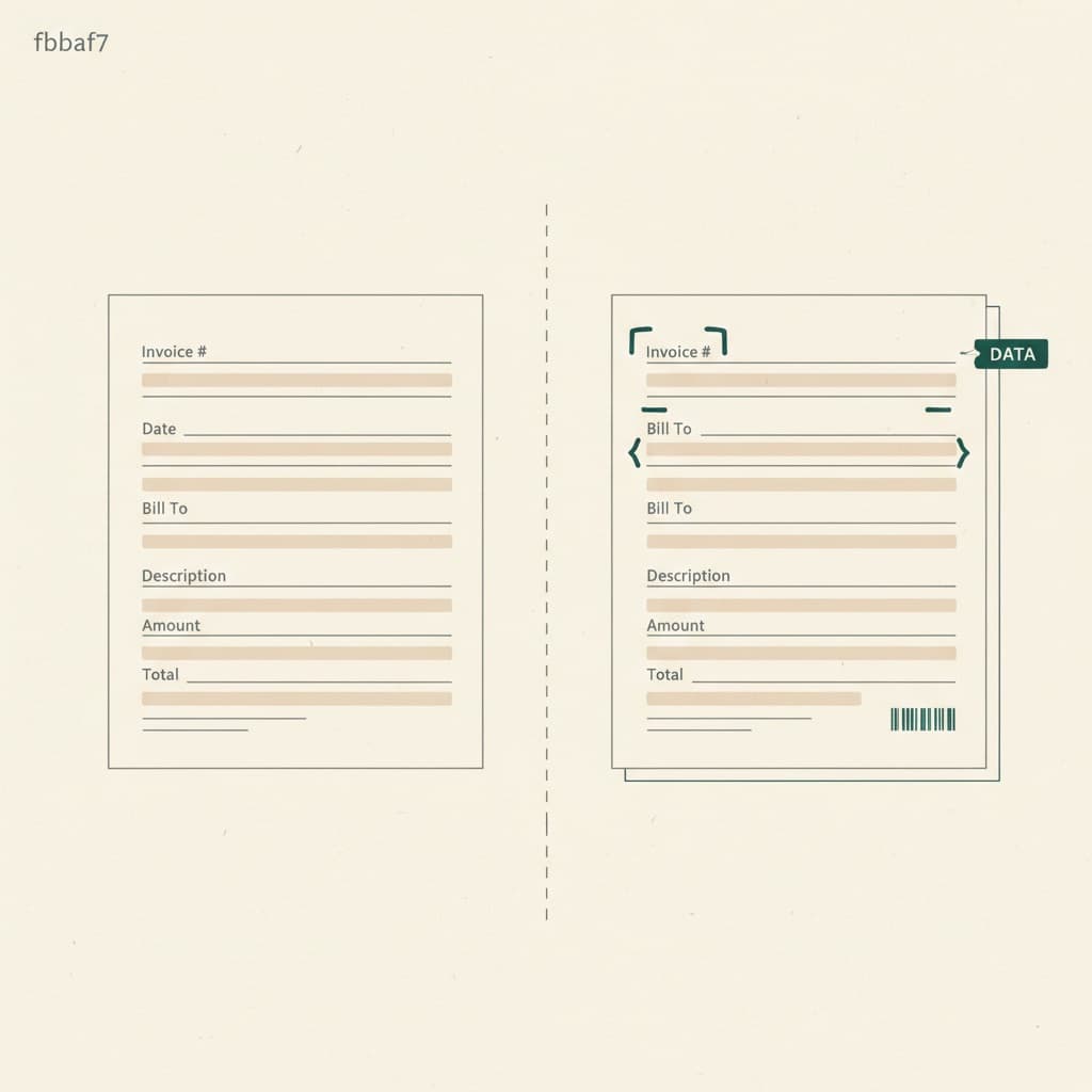 Zwei Rechnungsformate nebeneinander: links ein schlichtes Dokument, rechts dieselbe Rechnung mit strukturierten Daten-Markern.