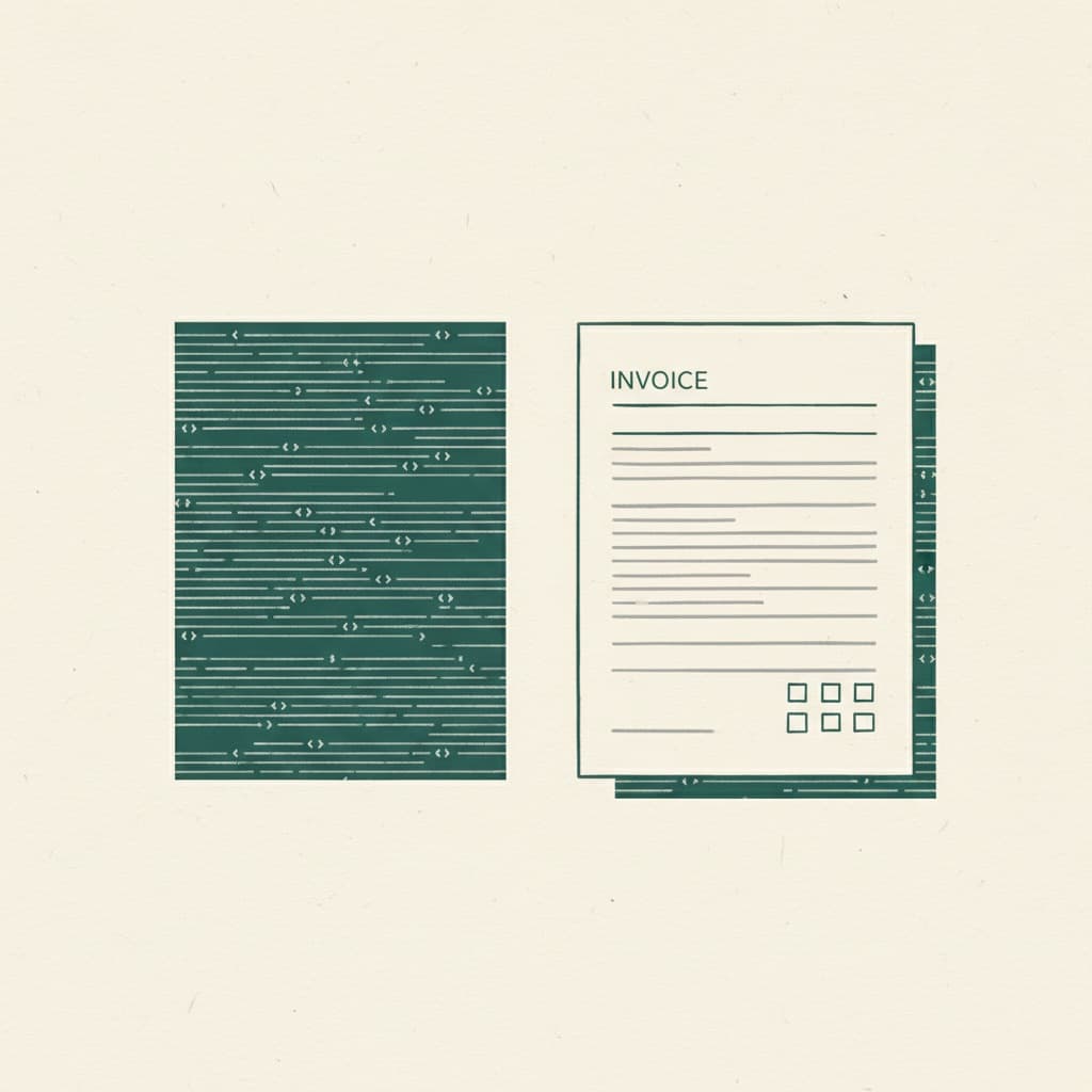 Zwei Dokumente gegenübergestellt: links eines mit strukturierten XML-Zeilen, rechts eine normale Rechnung mit versteckter Code-Ebene darunter — die Hybrid-Idee von ZUGFeRD.